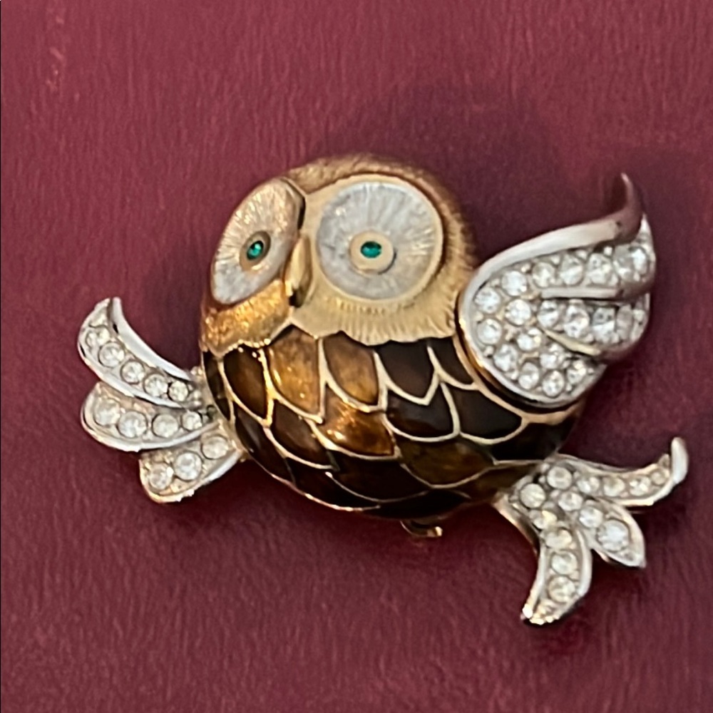 Vintage Attwood & Sawyer Gold enamel Owl Brooch with Crystals
